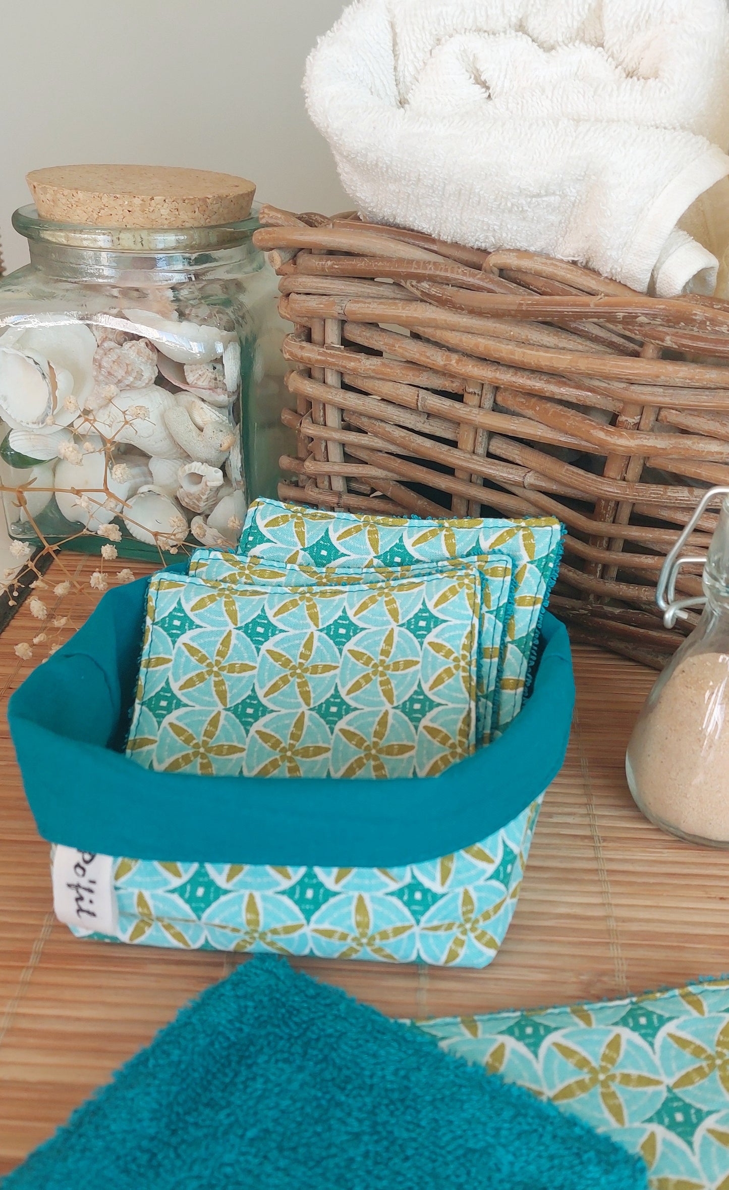 Panière avec 5 lingettes lavables - étoiles de mer