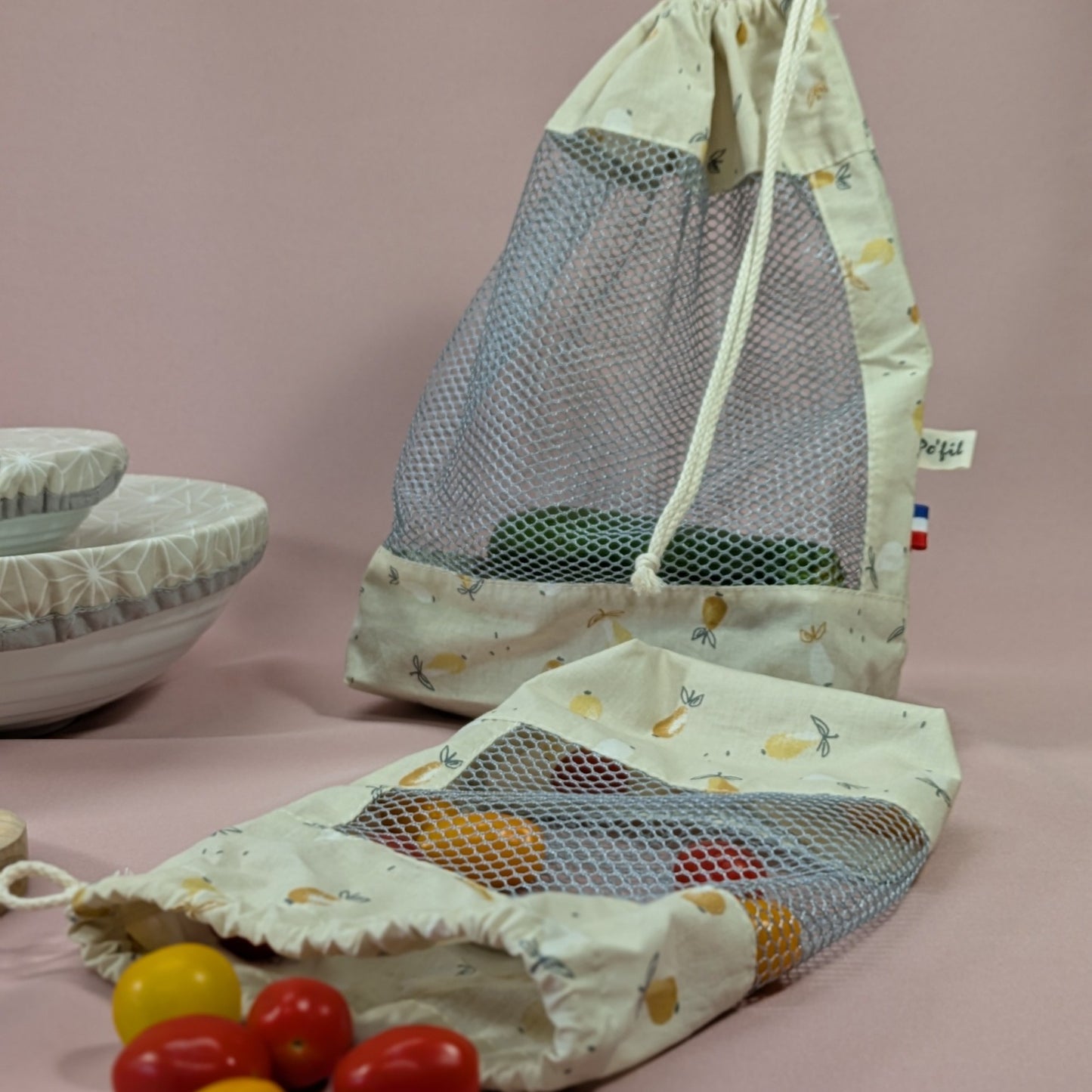 lot de 3 sac-filets pour fruits et légumes - modèles pommes-poires - fabrication artisanalement par Po'Fil - Haute-Loire
