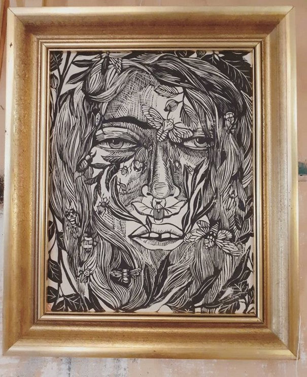 Affiche Linogravure A3 " Visage et insectes"