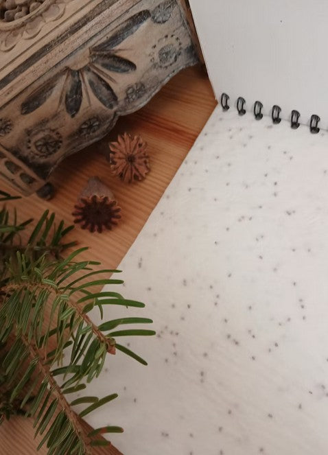 Carnet à planter avec spirale de type bloc notes. Couverture et dos de couverture incrustés de graines de fleurs. Papier recyclé et encres vegetales. Fabriqué en France.