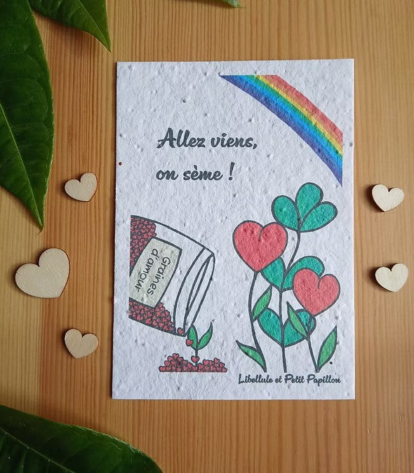 Cartes postales à planter thème "Je t'aime" - message personnalisable - Fabriquées en France. Papier biodégradable et incrustées de graines de fleurs. illustrations Libellule et Petit Papillon