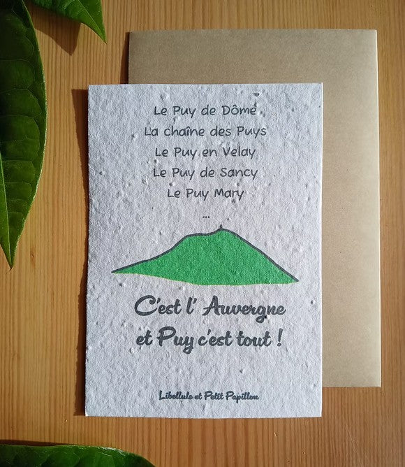 Cartes postales à planter " C'est l'Auvergne et Puy c'est tout" - cartes ensemencées de graines de fleurs à planter - thème terroir auvergnat - option de message personnalisé