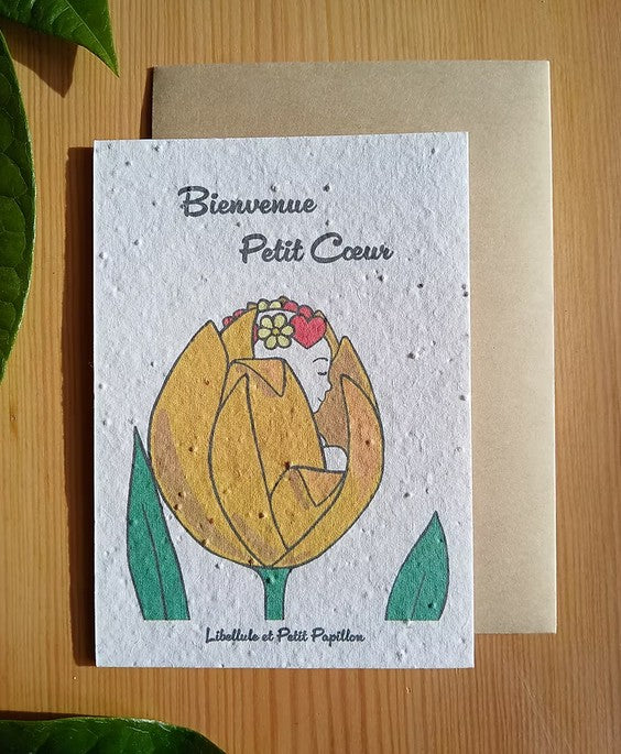 carte postale de voeux de naissance. Carte ensemencée de graines de fleurs à planter.