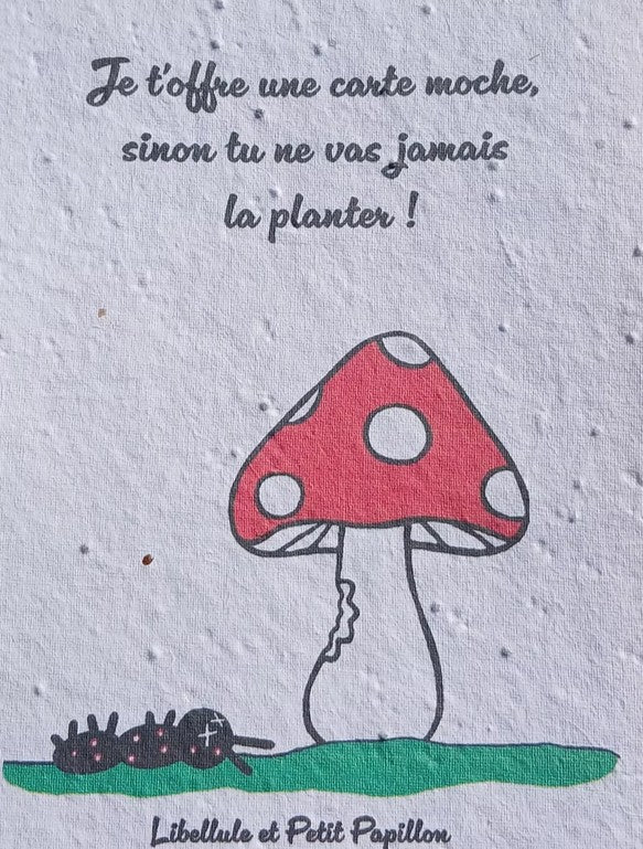 carte ensemencée de graines de fleur - illustration humoristique - fabriquée en france . "Je t’offre une carte moche… sinon tu vas jamais la planter " - carte dessin champignon amanite tue mouche