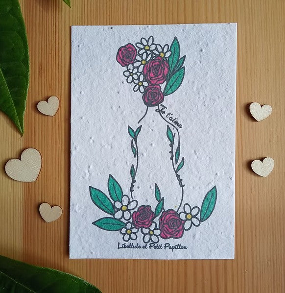 Cartes postales à planter thème "Je t'aime" - message personnalisable - Fabriquées en France. Papier biodégradable et incrustées de graines de fleurs. illustrations Libellule et Petit Papillon