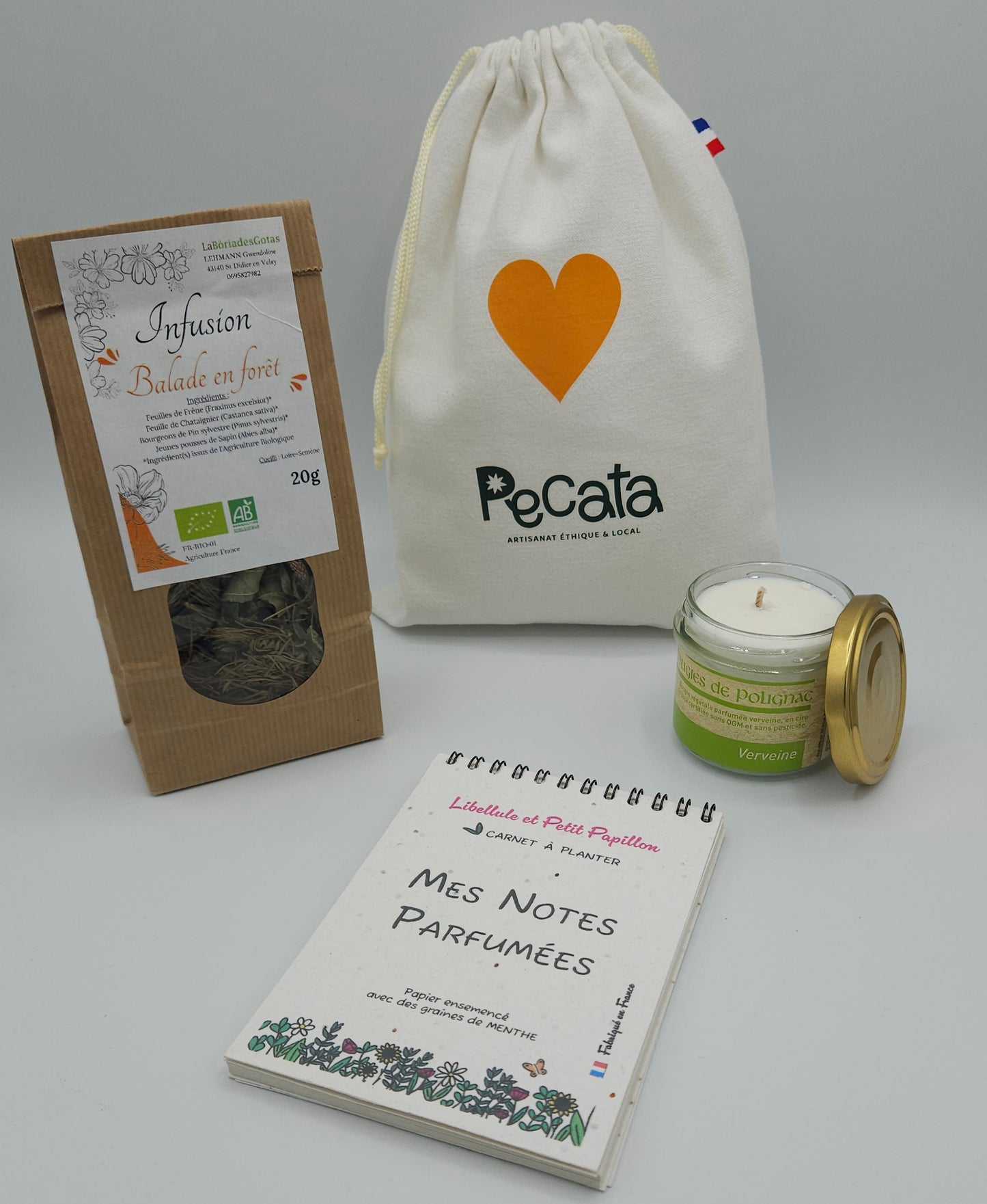 Coffret cadeau à composer "Inspiration" : artisanat de Haute-Loire - Infusion bio et locale , bougie végétale artisanale parfumée, carnet de notes papier ensemencé.