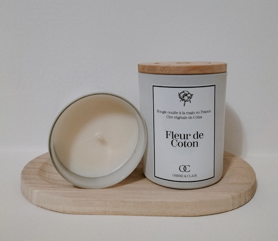 Bougies 150gr végétales et artisanales - fabriquée en Auvergne - Haute-Loire - Cire de colza origine Europe et Parfum de Grasse : Fleur de Coton