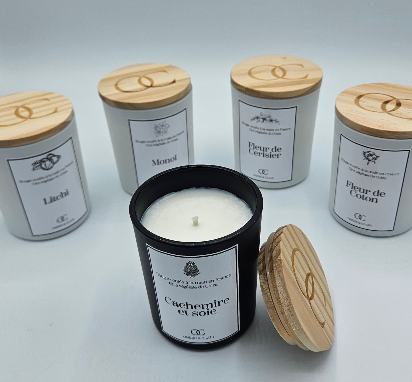 Bougies 150gr végétales et artisanales - fabriquée en Auvergne - Haute-Loire - Cire de colza origine Europe et Parfum de Grasse : Fleur de Coton, Fleur de Cerisier, Litchi, Cachemire et Soie, Monoï