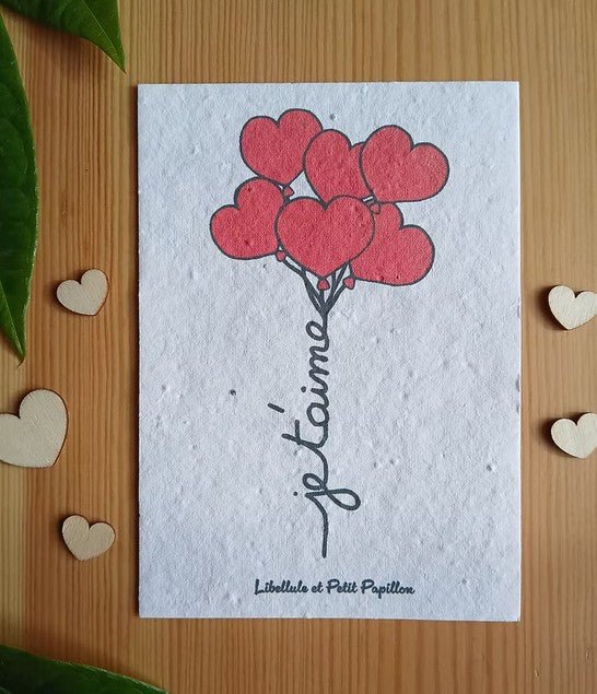 Cartes postales à planter thème "Je t'aime" - message personnalisable - Fabriquées en France. Papier biodégradable et incrustées de graines de fleurs. illustrations Libellule et Petit Papillon