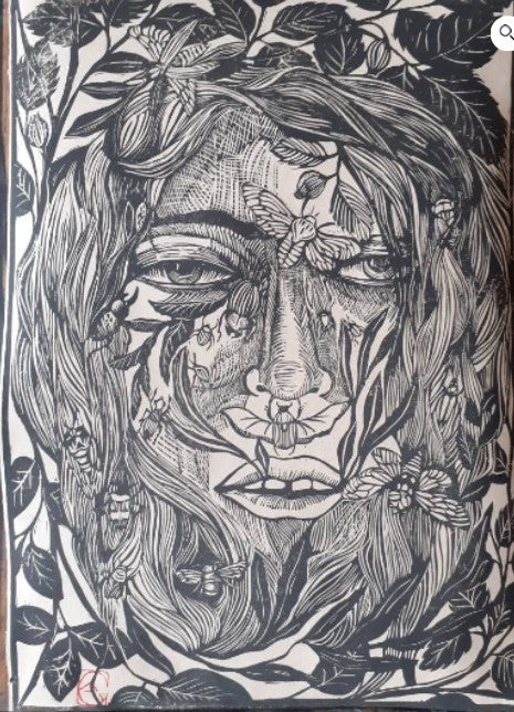 Affiche Linogravure A3 " Visage et insectes"