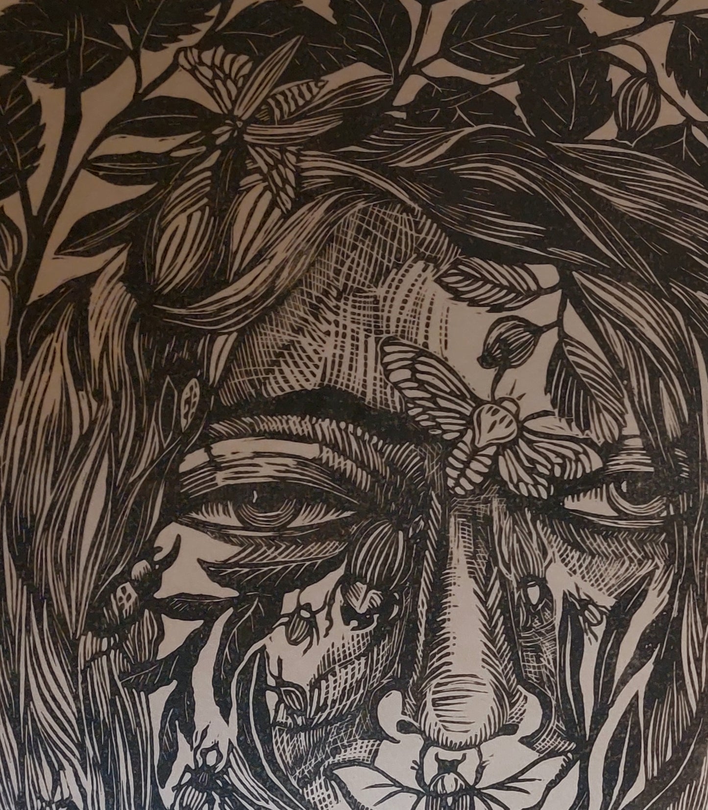 Affiche Linogravure A3 " Visage et insectes"