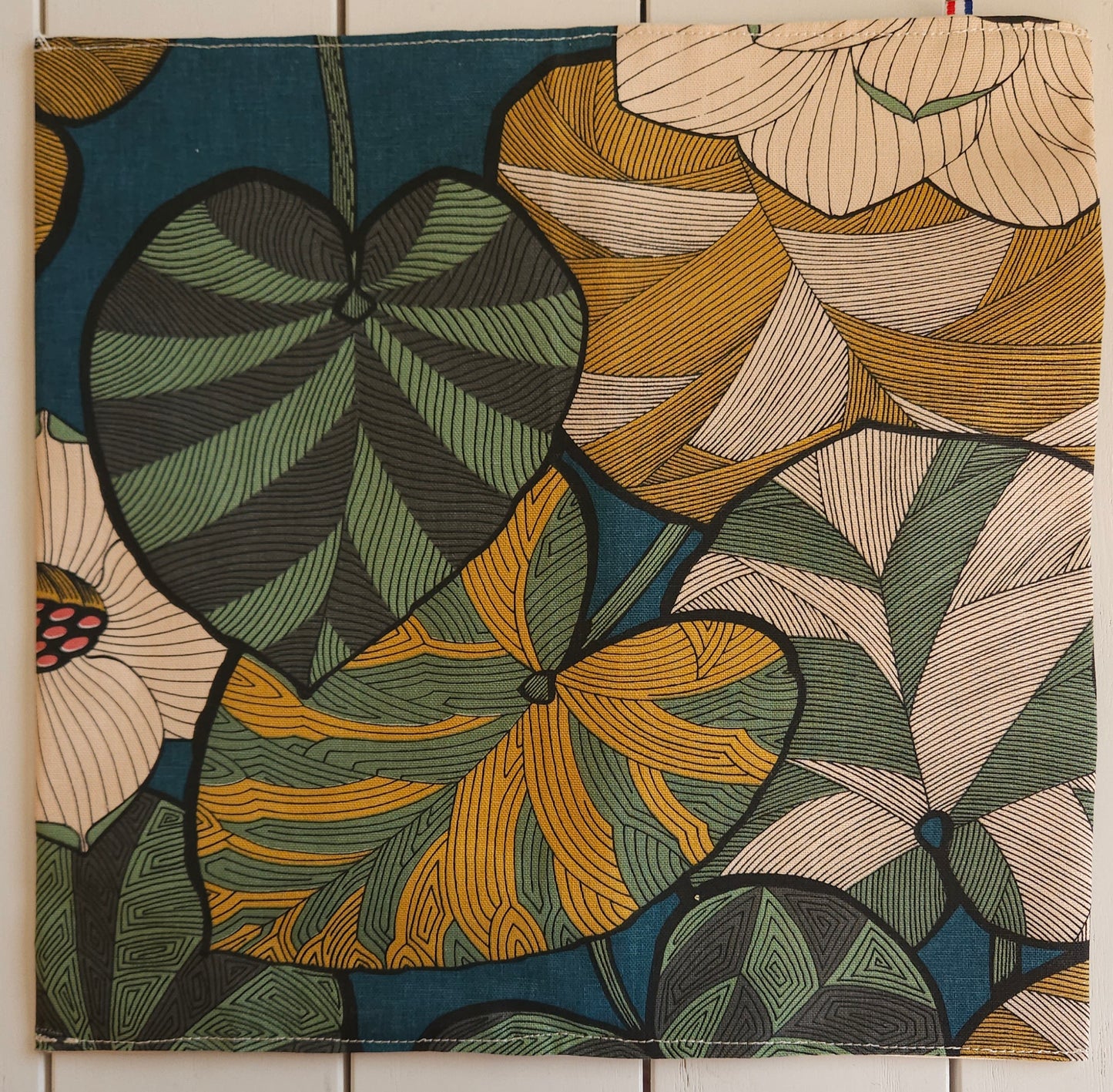 sac à tarte en textile recyclé haute qualité - modèle floral - bleu pétrole, jaune, gris