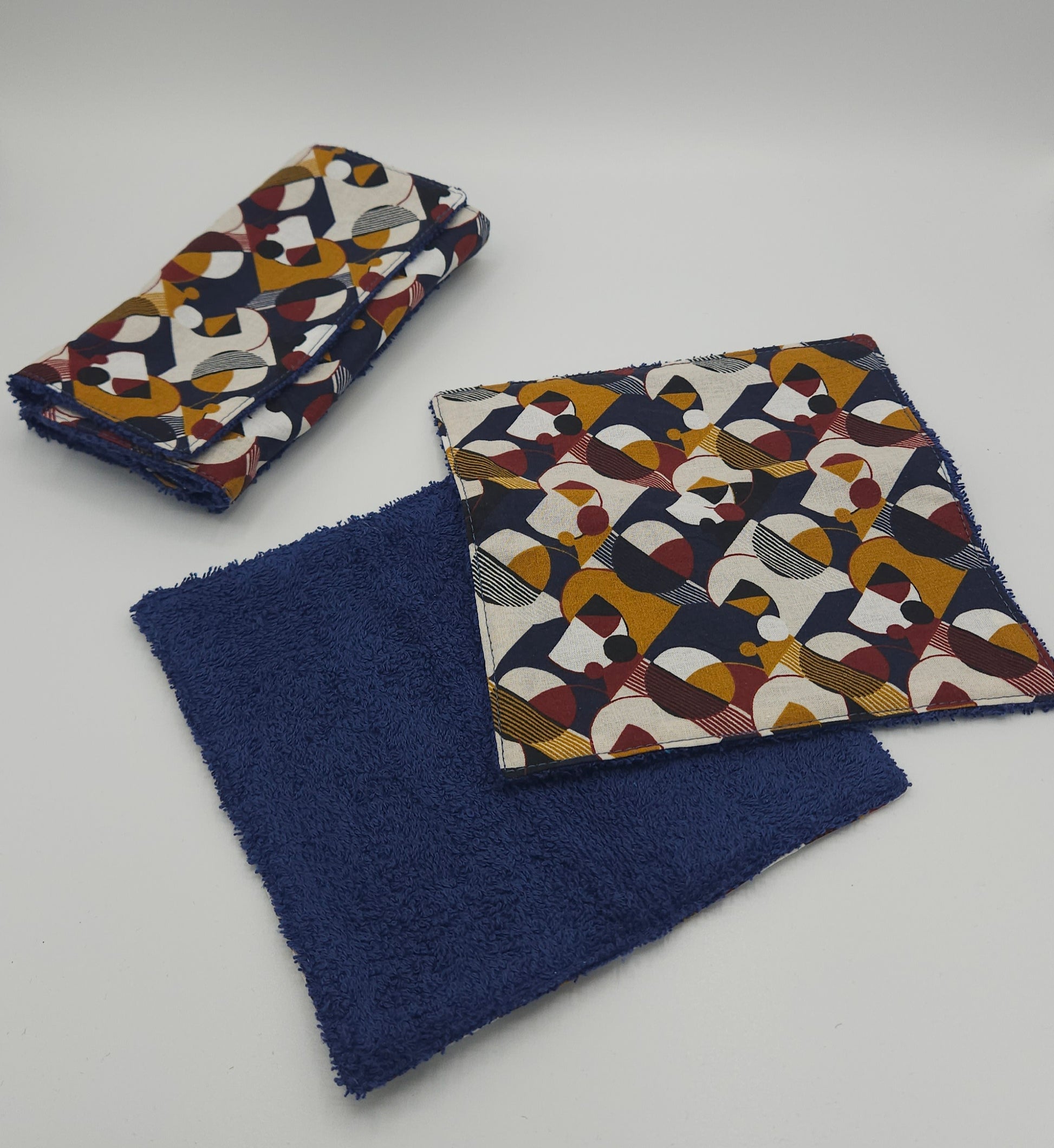 Essuis tout XL / lingettes lavables XL en lot de 5 - accessoire cuisine zéro déchet - couleur bleu nuit eventail. Artisanat éthique et éco-responsable