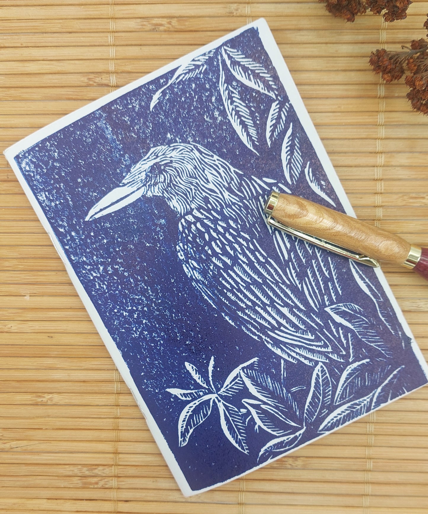 carnet de notes linogravure - format A6 Corbeau bleu
