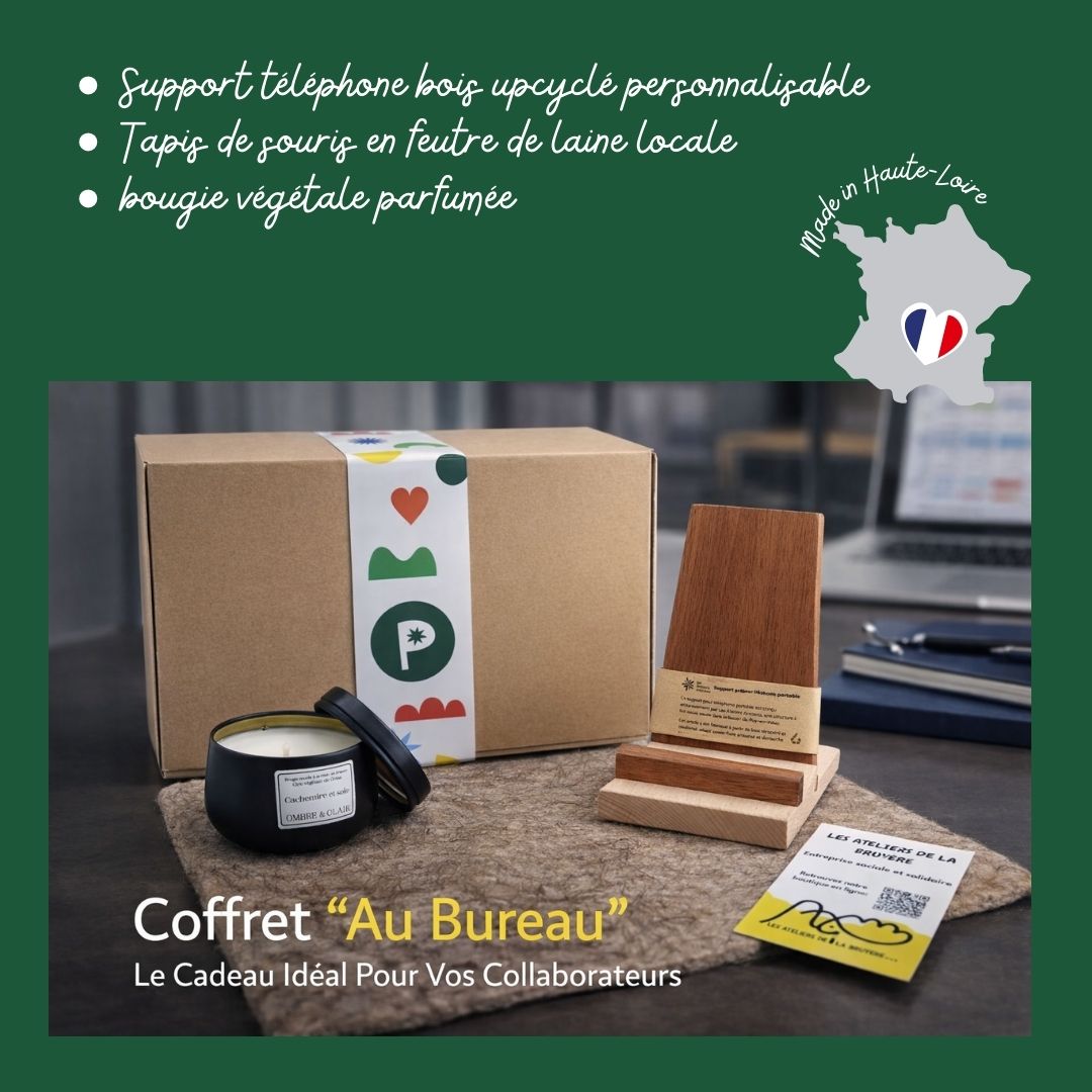 Coffret cadeau entreprise - séminaires - événements - cadeaux de fin d'année - thème Au bureau - support téléphone bois upcyclé personnalisable - tapis de souris laine locale - bougie végétale parfumée - fabrication Haute-Loire - France