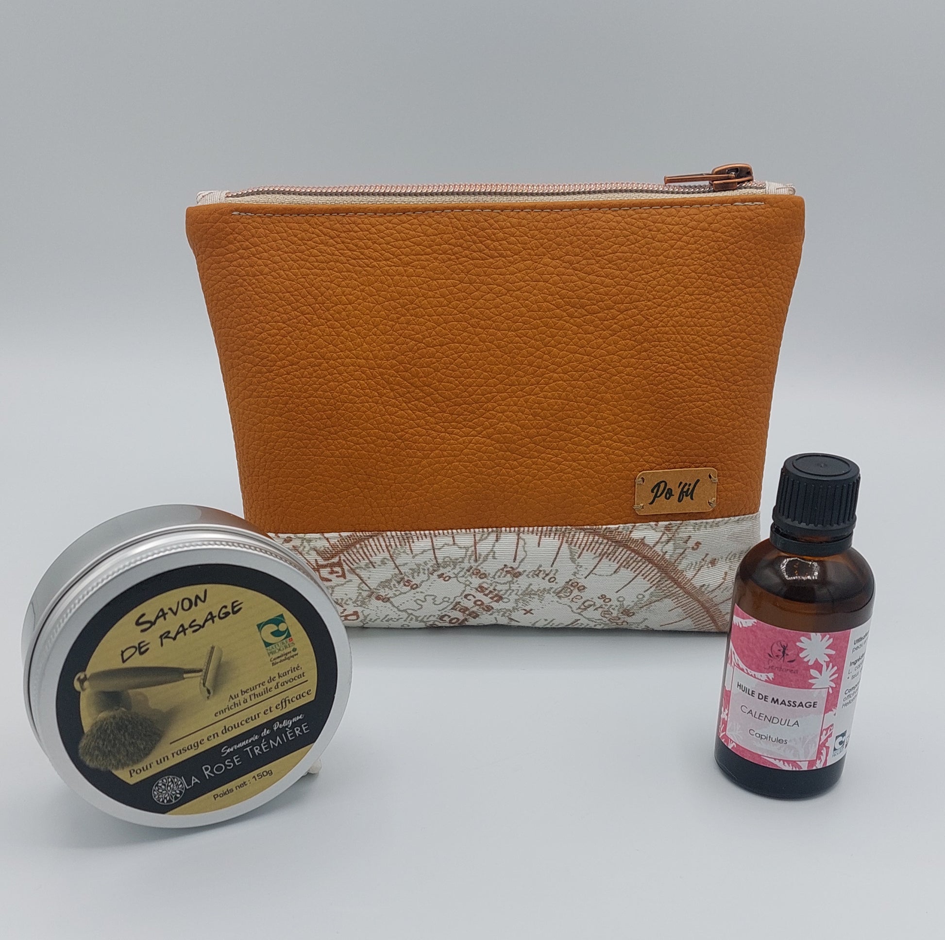 Coffret bien etre homme petite trousse savon de rasage artisanale huile de soin calendula - trousse similicuir couleur moutarde