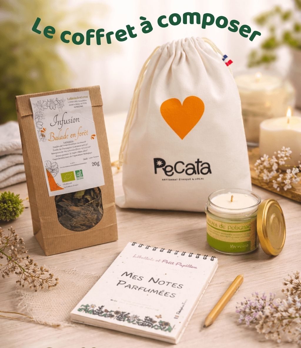 coffret cadeau à composer thème Inspiration, écriture, bien-être - articles issus de l'artisanat local de Haute-Loire : tisane bio, bougie parfumée, bloc notes graines de fleurs