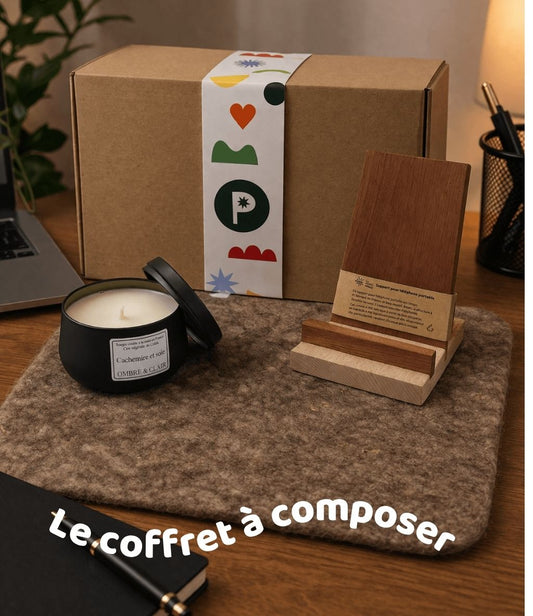 Coffret cadeau Pecata à composer "Au Bureau" - artisanat de Haute-Loire - accessoires de bureau : tapis de souris en feutre de laine locale, bougie parfumée, support de téléphone en bois upcyclé