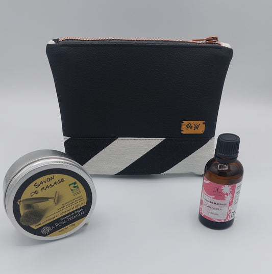 coffret de soin pour homme - pochette avec savon de rasage biologique et huile de soin et de massage au calendula biologique