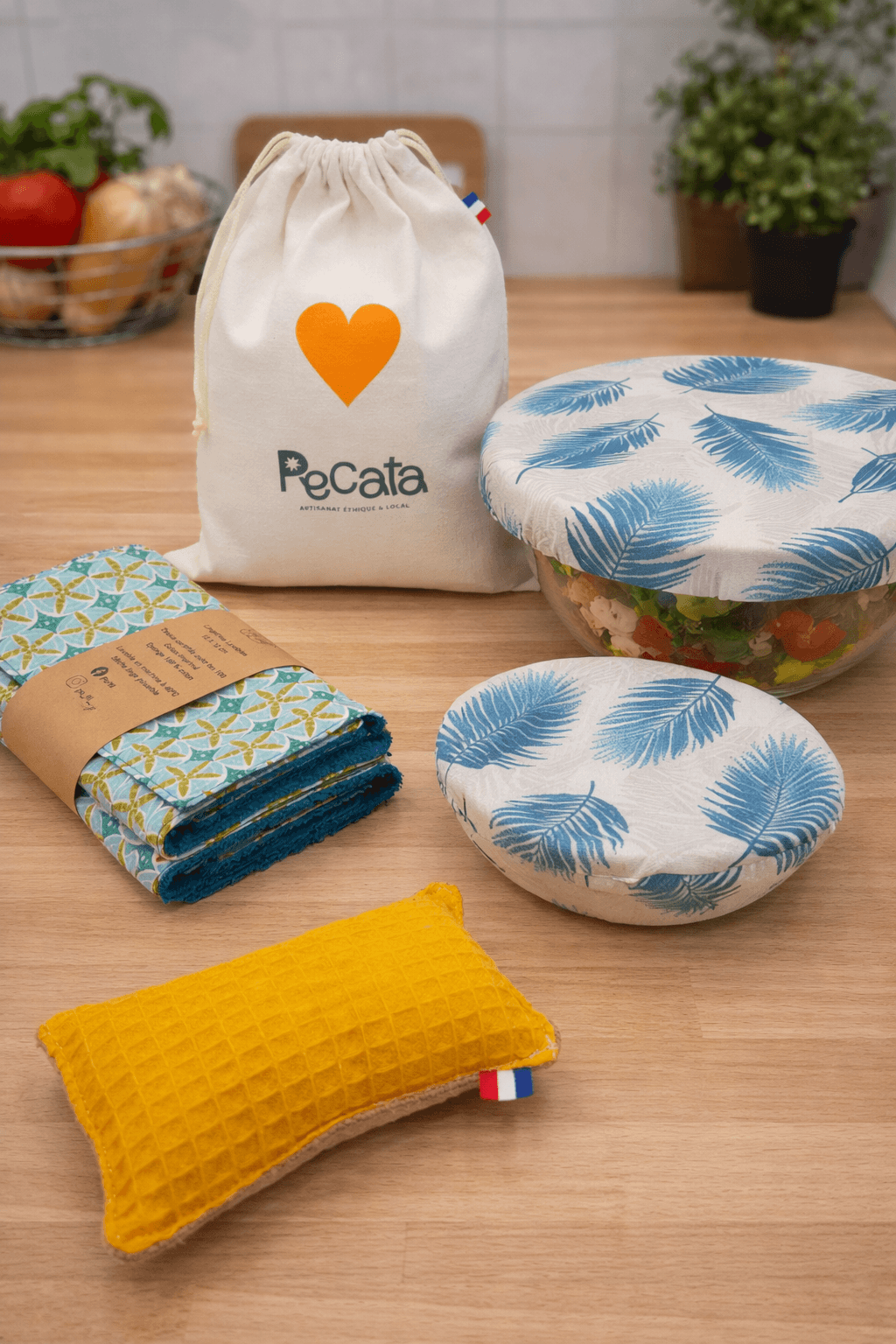 Kit cuisine zéro déchet avec charlottes couvre-plat rondes lot de 3 - éponge lavable, essuis tout lavables lot de 5 . artisanat éthique et solidaire