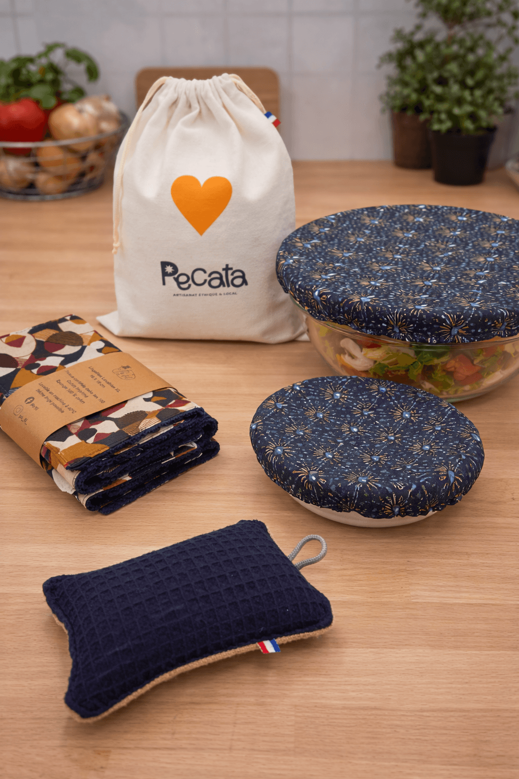 Kit Cuisine zéro déchet - Charlottes couvre-plat forme ronde lot de 3 - éponge lavable - essuis tout labables - ensemble couleur bleu nuit- artisanat éco-responsable et solidaire