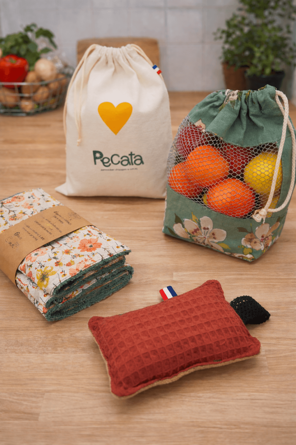 Kit de Cuisine zéro déchet - sacs filet pour fruits et légumes, éponge lavable et essuis tout lavables - artisanat français éthique et solidaire