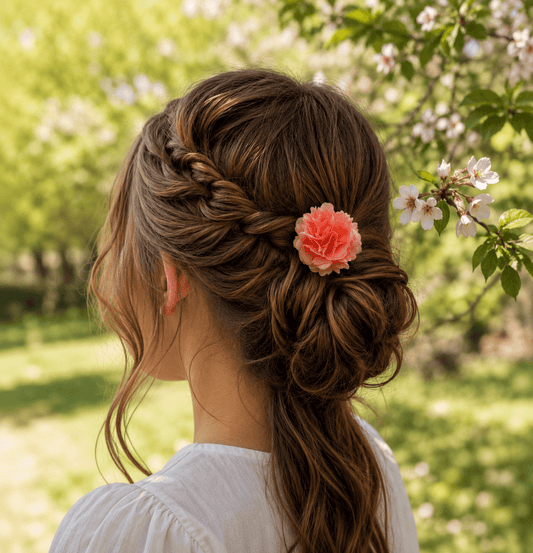 pince à cheveux fleurs  en tissu upcyclé satin - rose clair - idée coiffure mariage