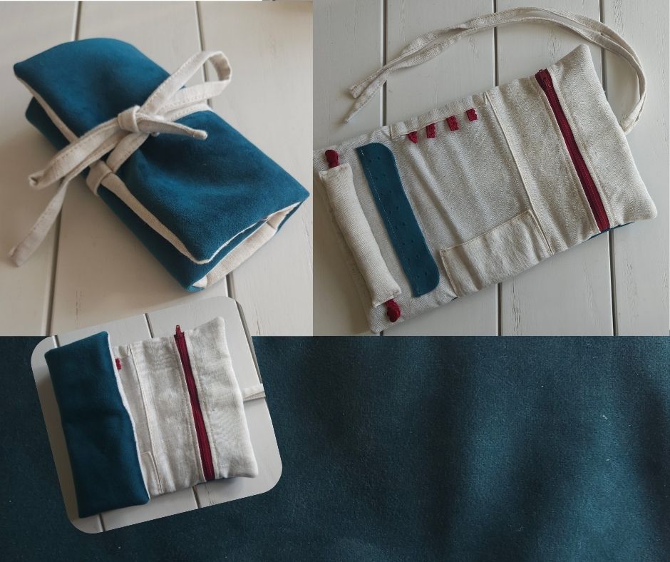pochette à bijoux en tissu upcyclé  avec compartiments de rangement : bagues, colliers, bracelets, boucles d'oreilles . artisanat de haute-loire - couleur bleu canard