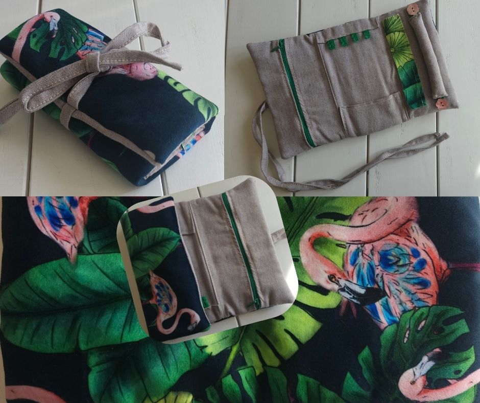 pochette de rangement  à bijoux en tissu upcyclé - modèle flamant rose - voyage éco-responsable - artisanat de haute-loire