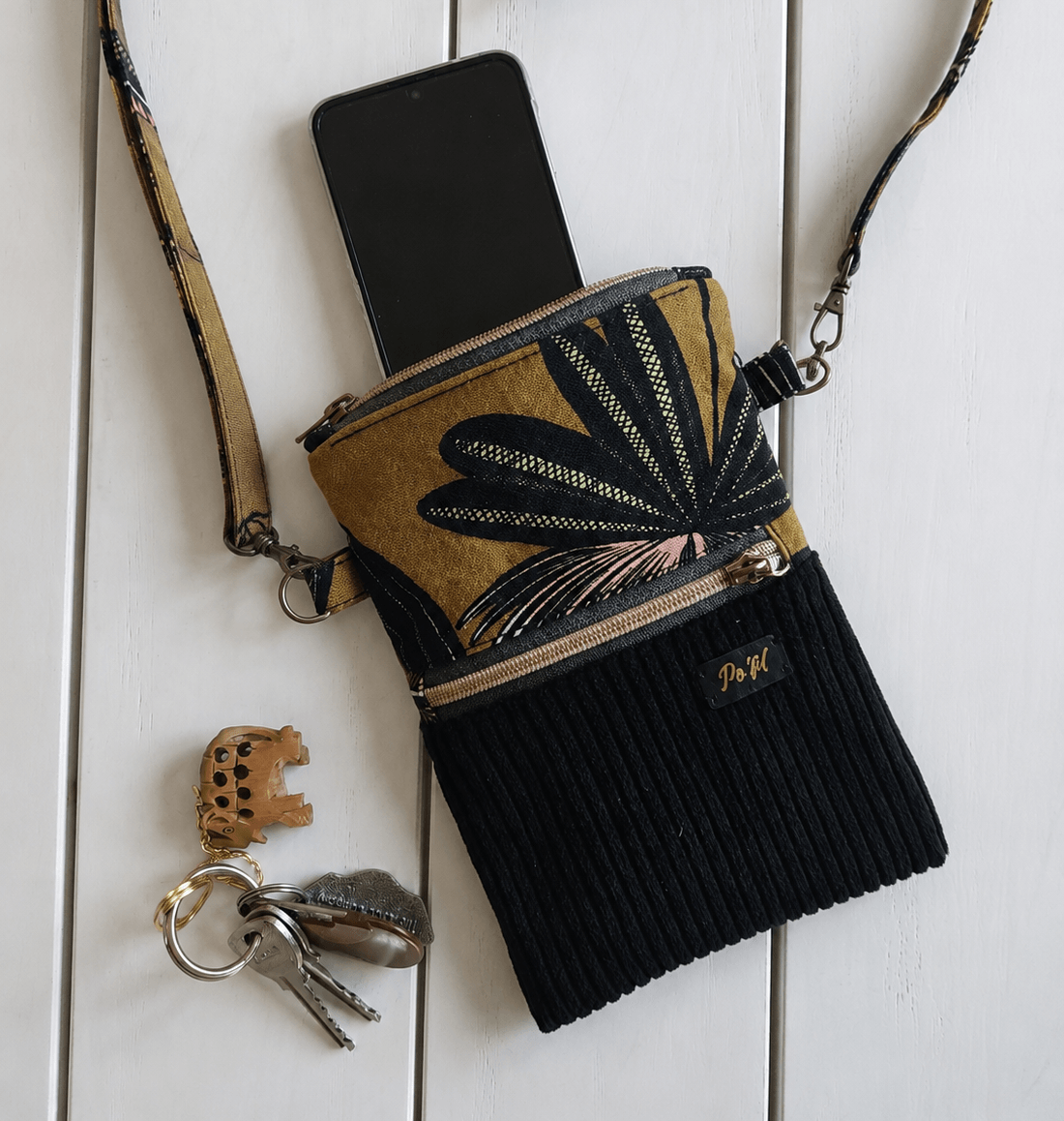 Pochette bandoulière pour téléphone - textile velours bi-matière - artisanat haute-loire