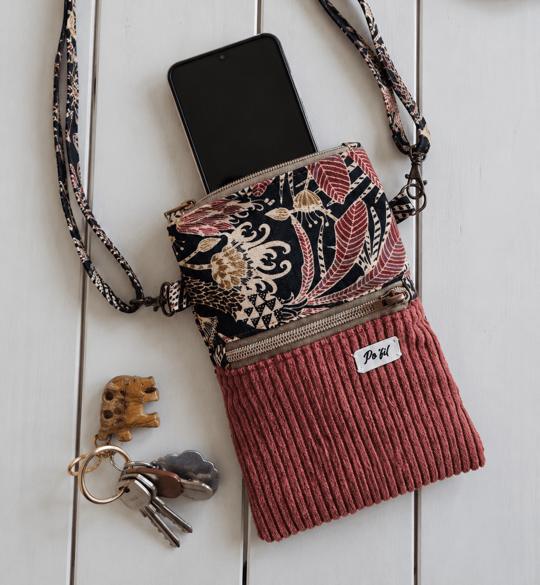 Pochette bandoulière pour téléphone - textile velours bi-matière - artisanat haute-loire
