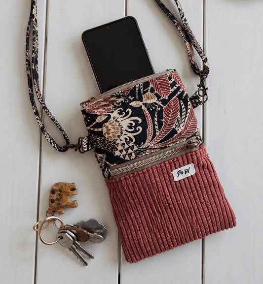 Pochette bandoulière pour téléphone - textile velours bi-matière - artisanat haute-loire