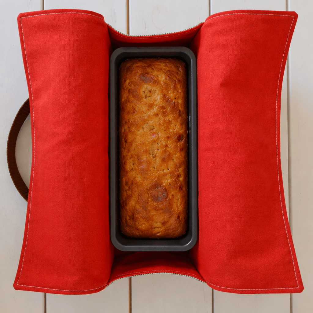 Sac à cake en textile upcyclé - pour transport facile et pratique - lavable et réutilisable. création artisanale locale - Haute-Loire - motifs feuilles zébrées- made in France