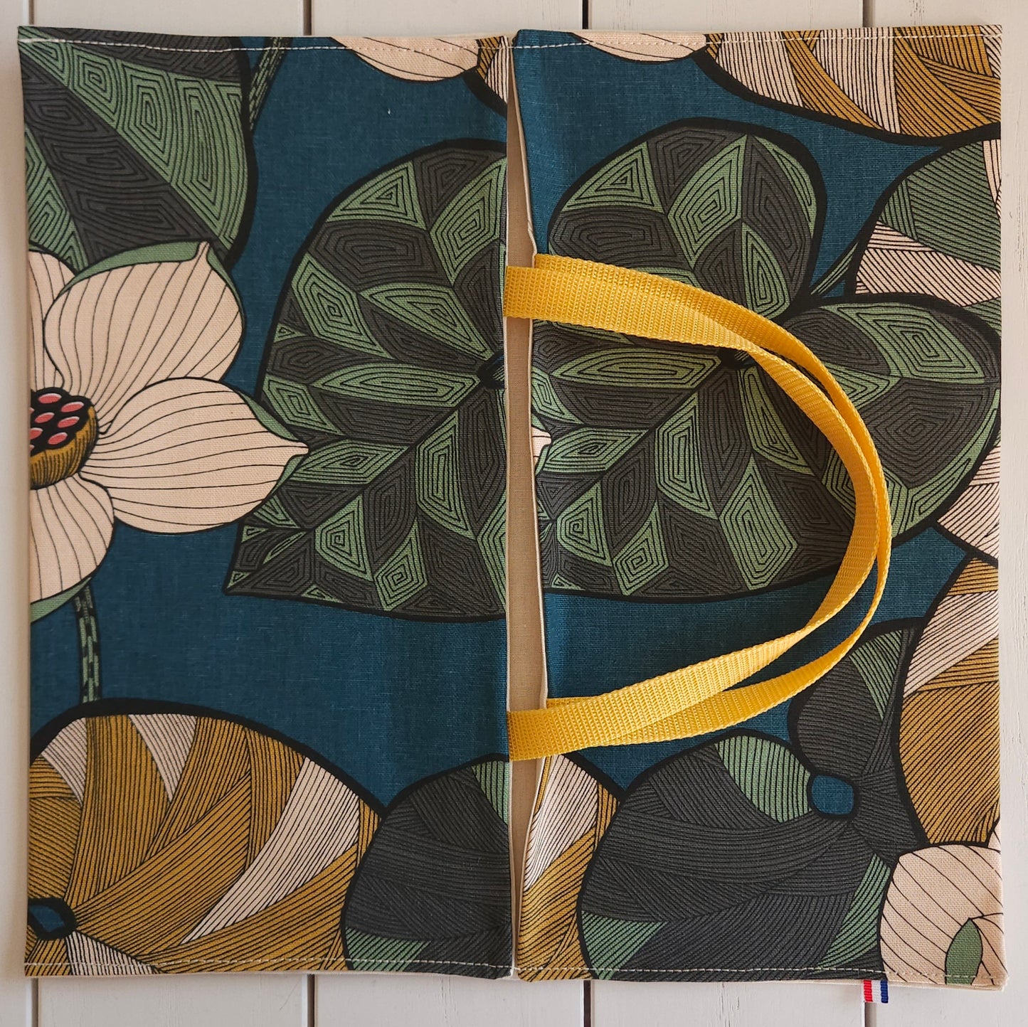 sac à tarte en textile recyclé haute qualité - modèle floral - bleu pétrole, jaune, gris