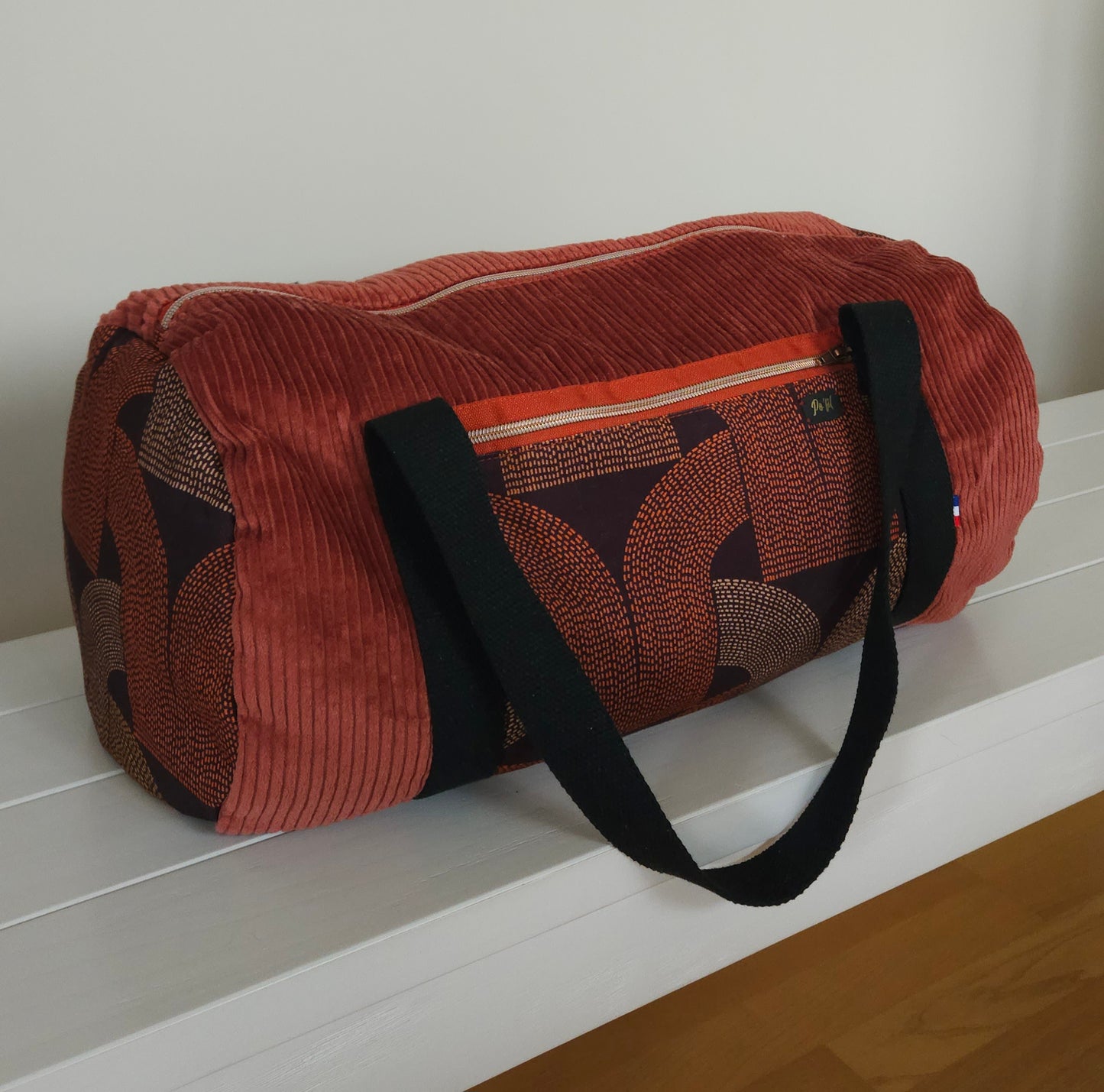 Sac polochon  de voyage velours cotelé rouge brique - artisanat de Haute-Loire - sac de sport ethnique - 