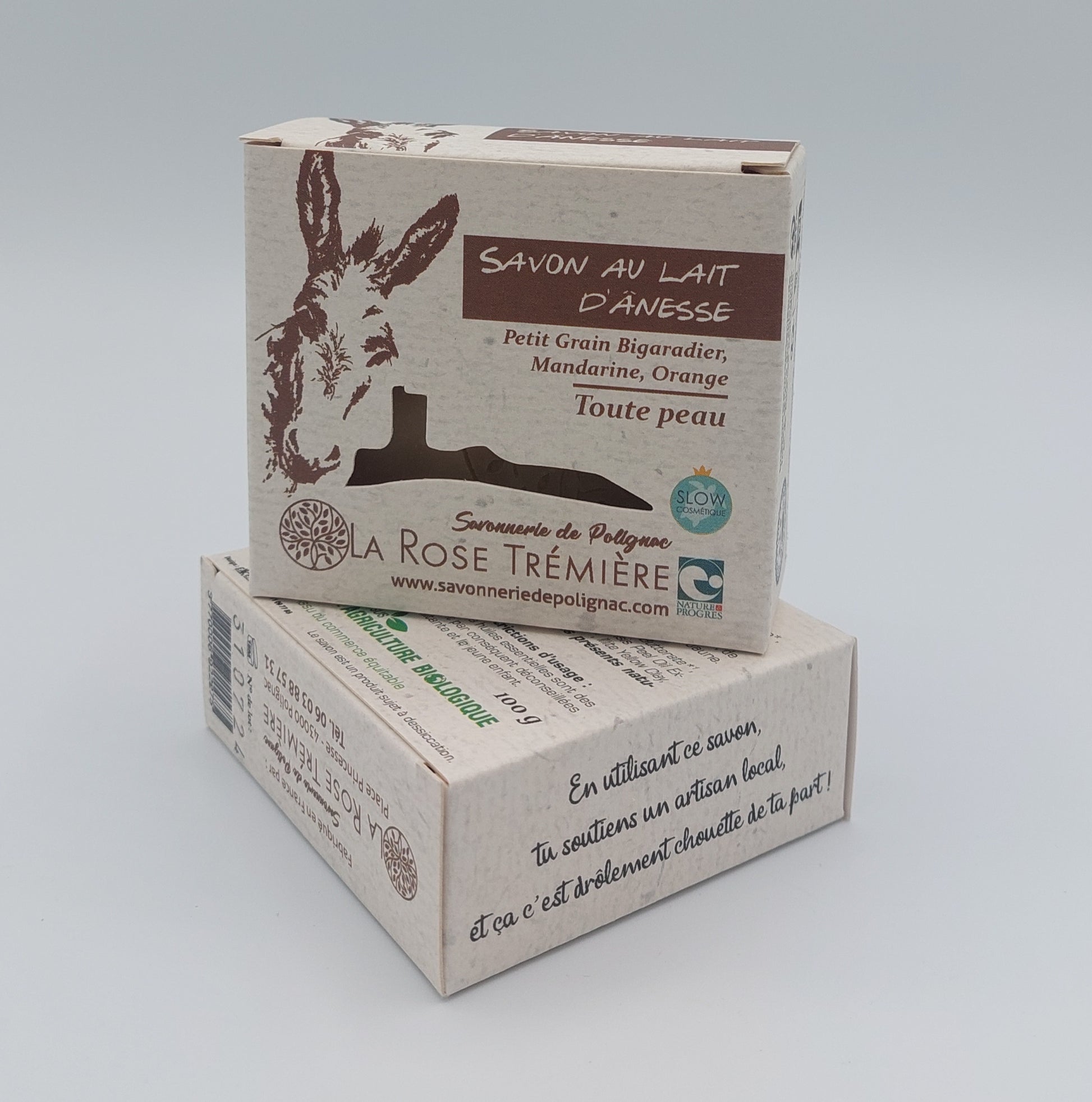 Savon au lait d'anesse biologique. Certifié Bio Nature et progres. huiles essentielles petit grain bigaradier, mandarine, orange