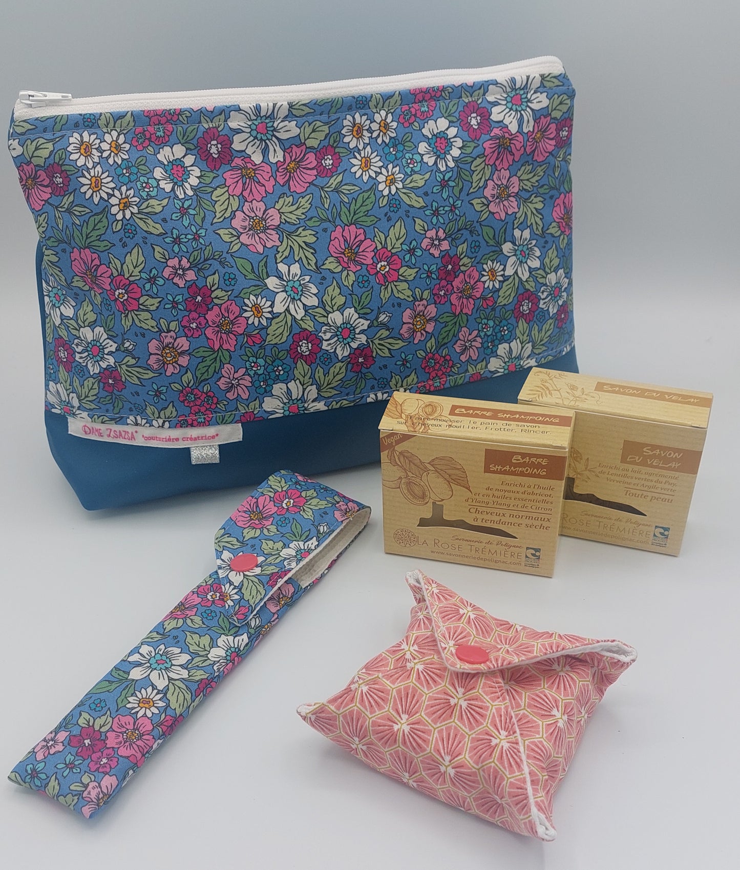 trousse de toilette fleurie - similicuir bleu