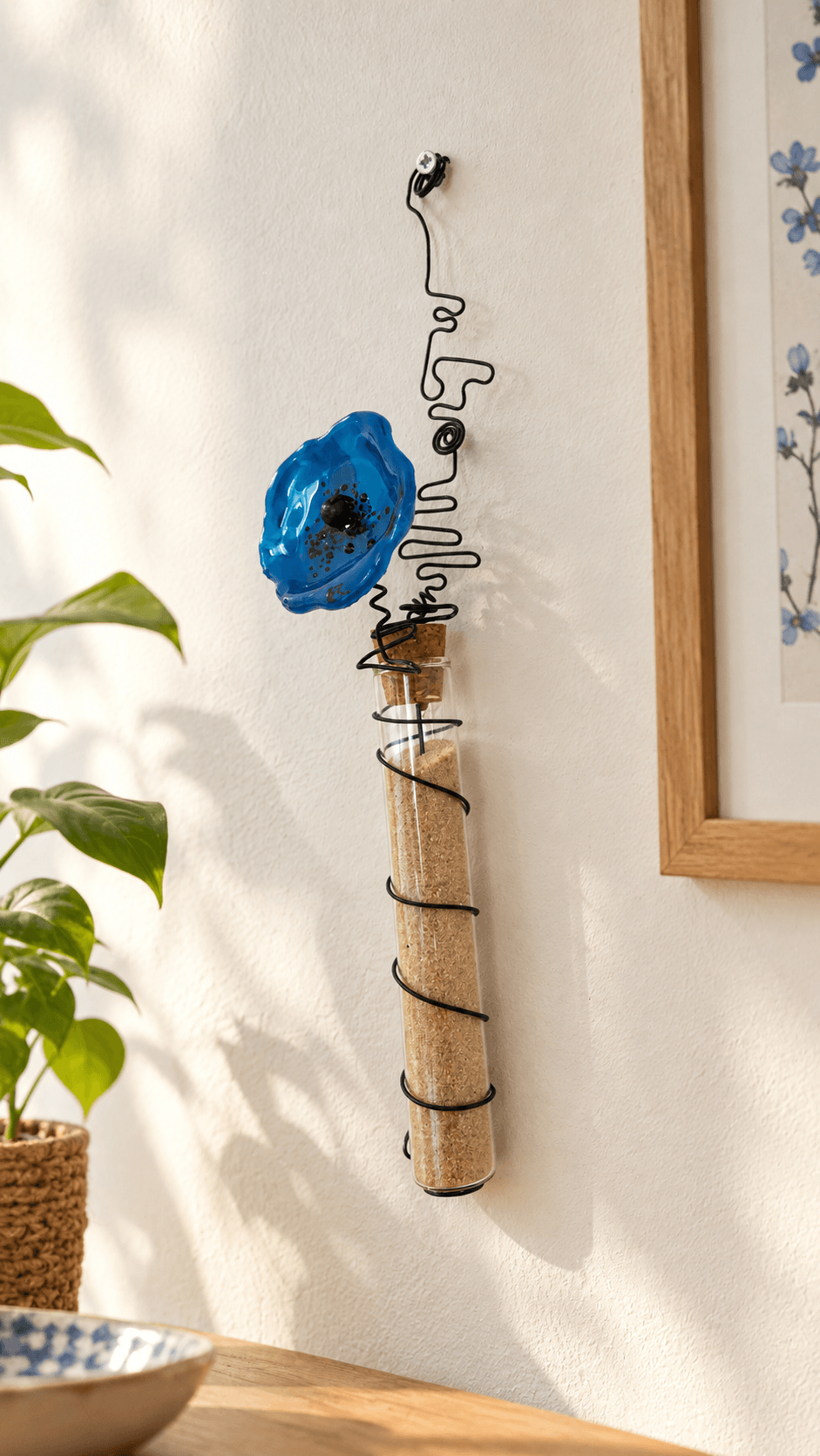 Vase suspendu Fleur en verre couleur bleu. décoration murale originale et artisanale - verre fusing- Haute-Loire