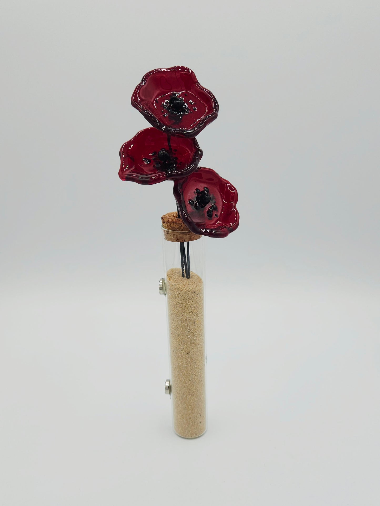 Vase magnétique fleurs coquelicots de verre - couleur rouge bordeaux- artisanat verre fusing. Haute-Loire