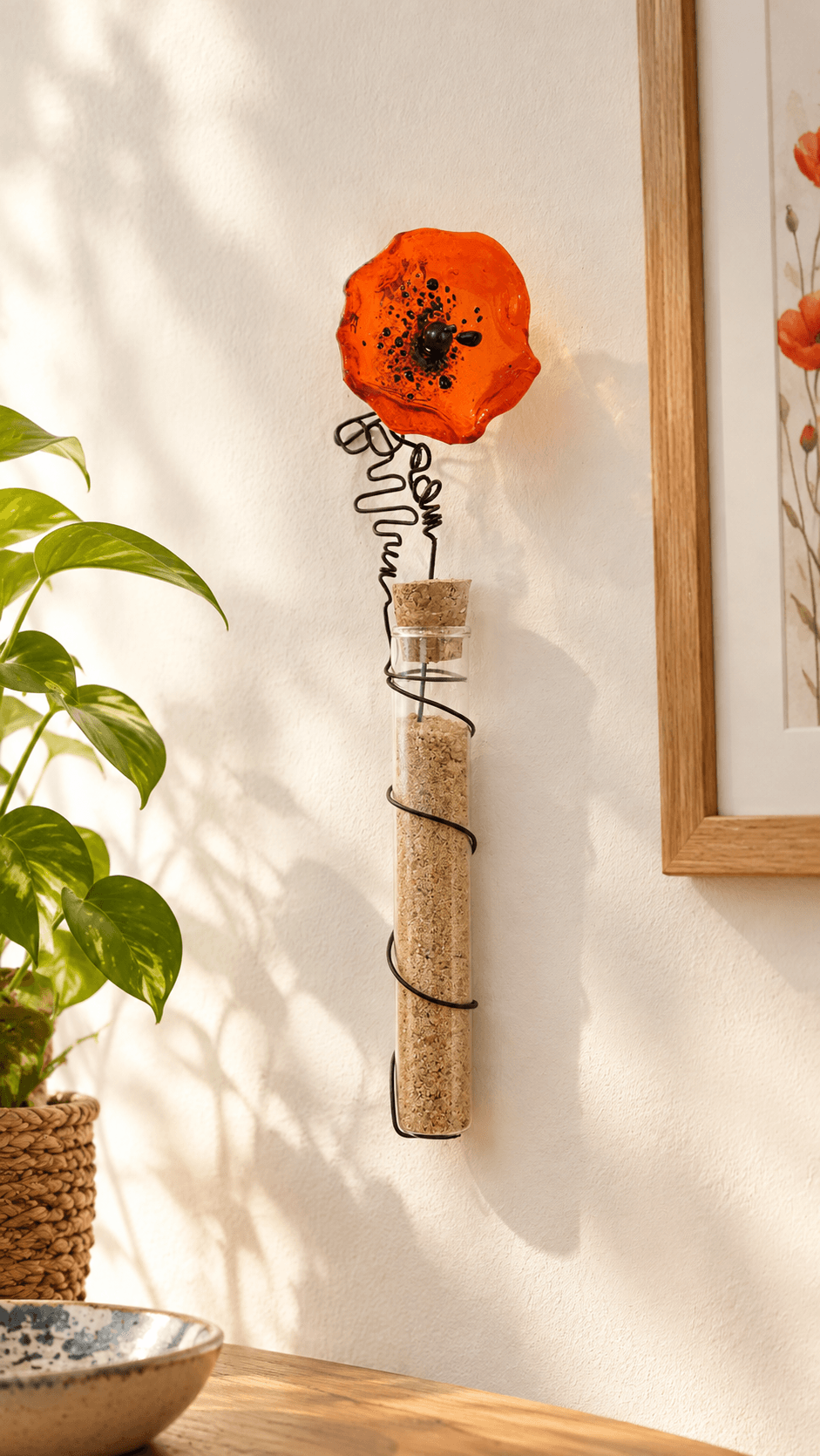 Vase suspendu Fleur en verre L'Art en Transparence - décoration murale en verre - technique verre fusing - artisanat haute-loire