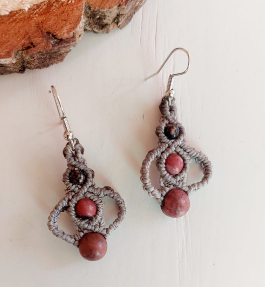 boucles d'oreilles macramé Gris Rhodonite