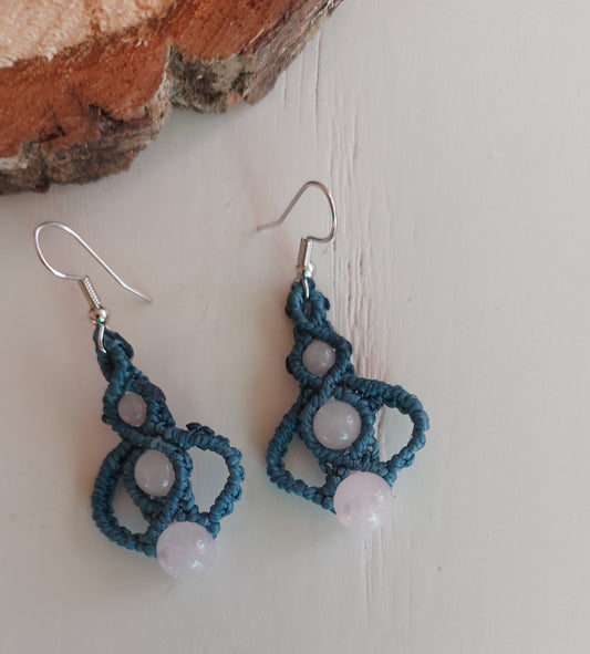 boucles d'oreilles macramé bleu turquoise quartz rose