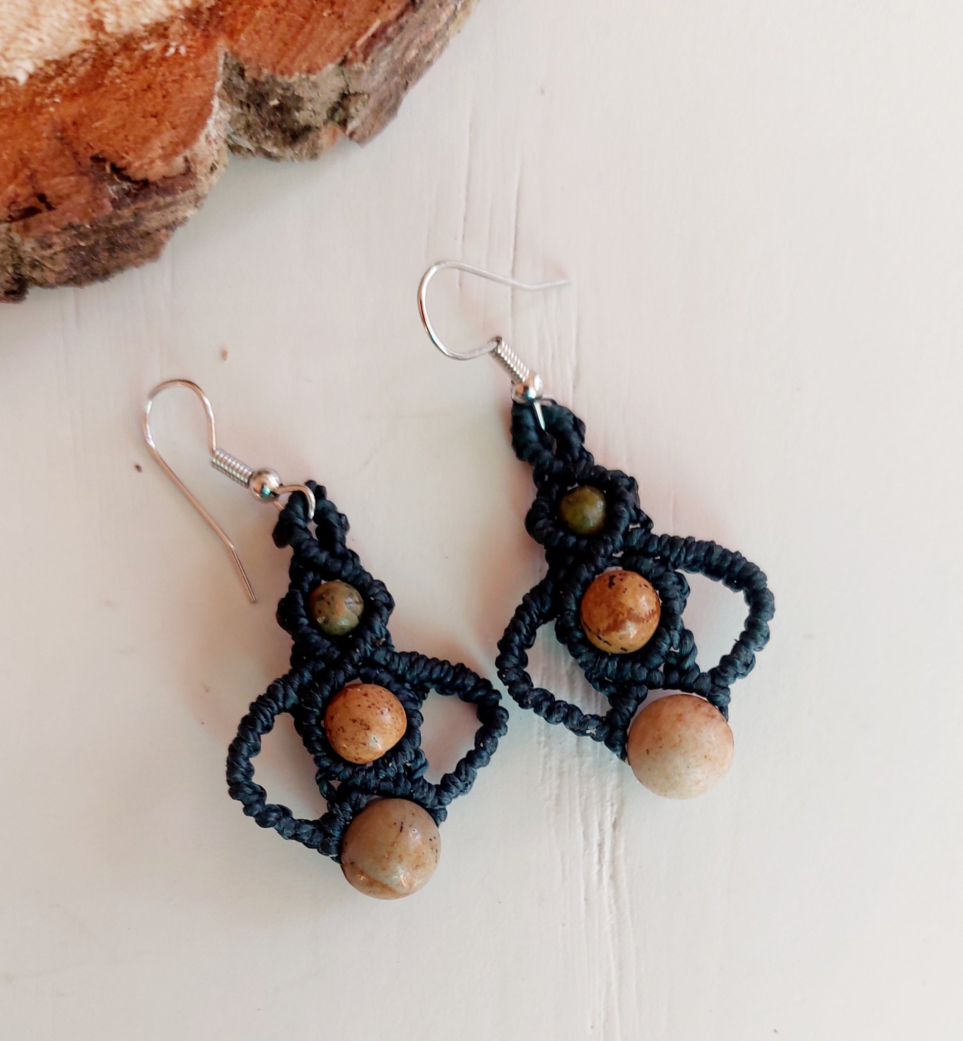 boucles d'oreilles macramé noir Jaspe Paysage