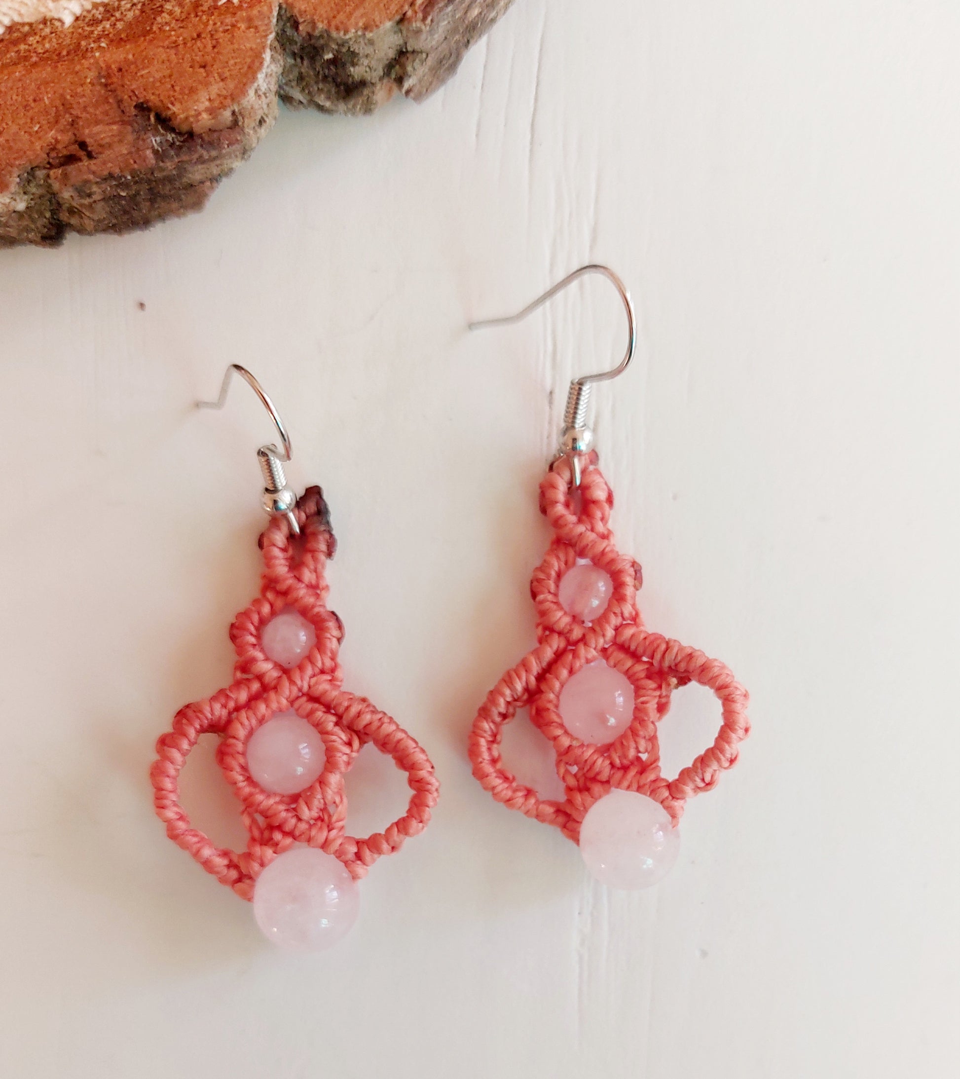 boucles d'oreilles macramé saumon Quartz rose