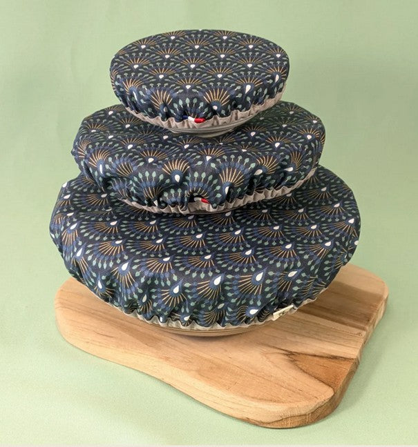 charlottes couvre-plat en lot de 3 - accessoire cuisine zéro déchet - couleur bleu nuit eventail. Artisanat éthique et éco-responsable
