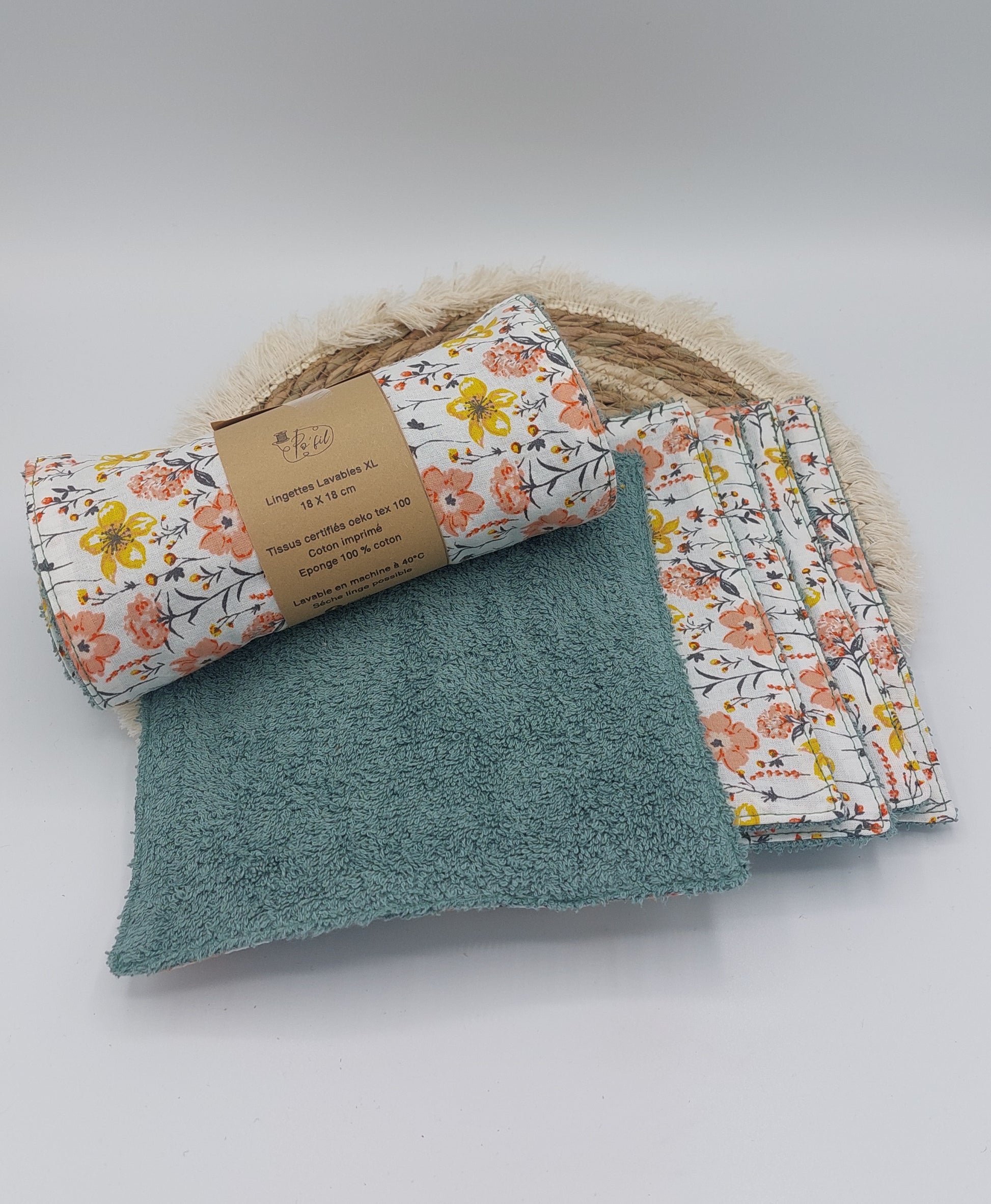 lingettes lavables XL modèle fleuri- textile éponge absorbant - lot de 5 unités. ensemble kit cuisine zéro déchet PECATA