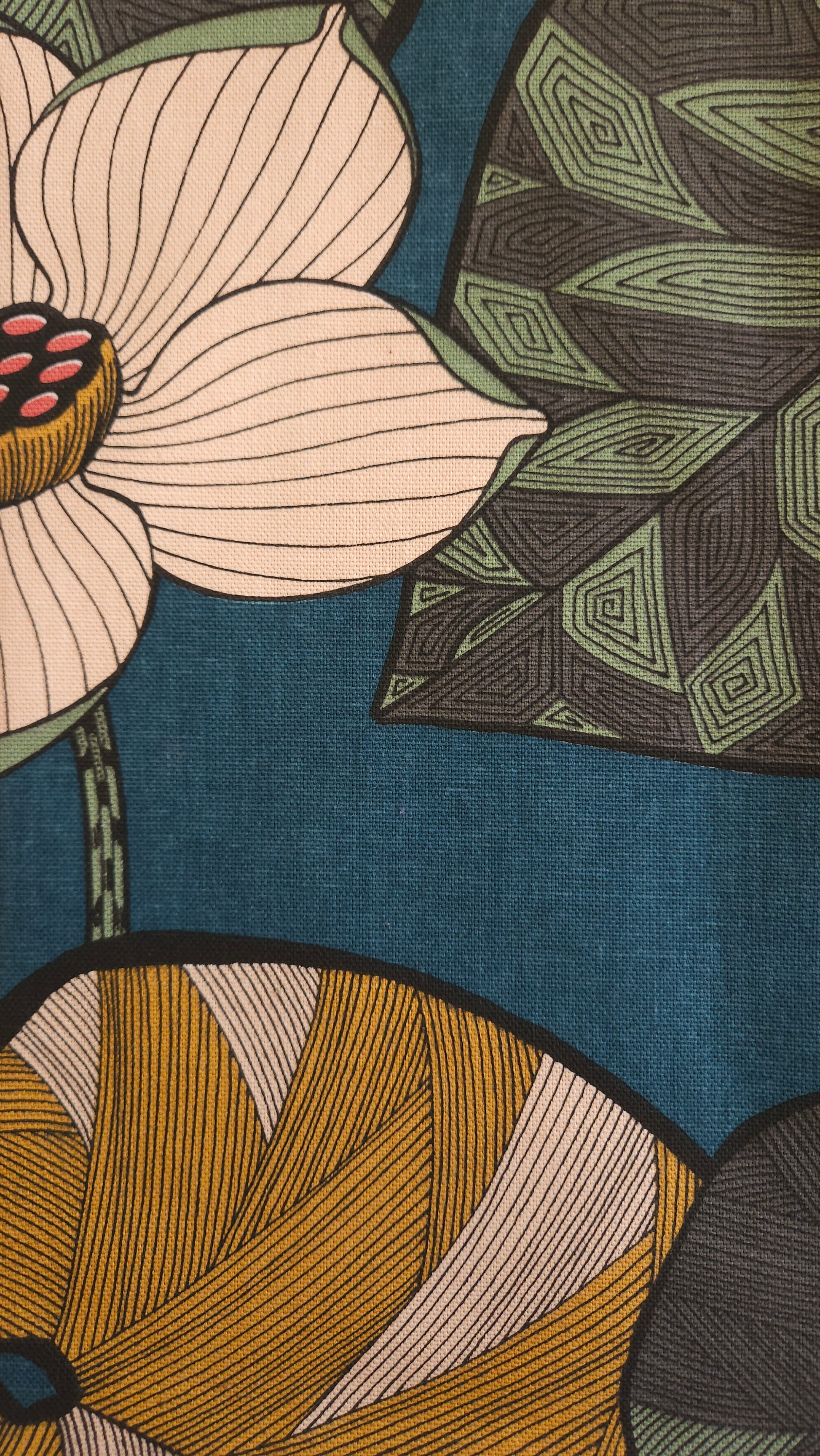 sac à tarte en textile recyclé haute qualité - modèle floral - bleu pétrole, jaune, gris