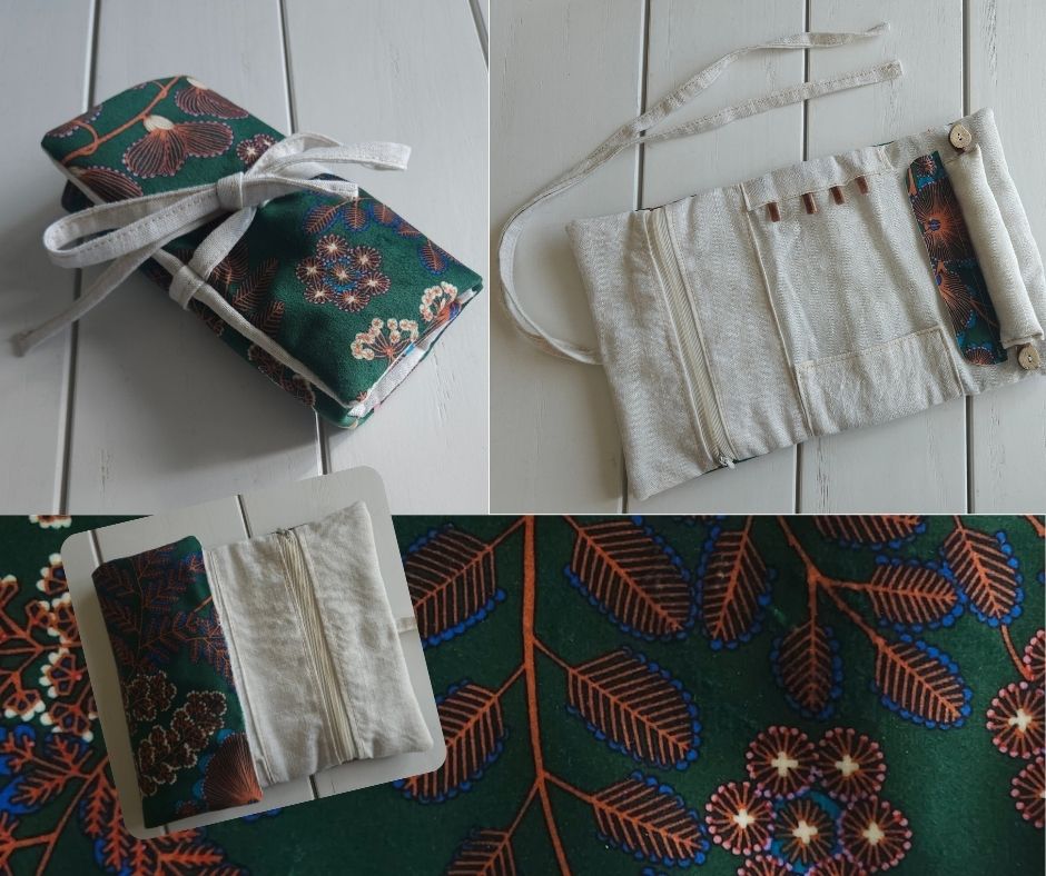 pochette à bijoux en tissu upcyclé - modèle feuille, couleur vert sapin - voyage éco-responsable - artisanat de haute-loire