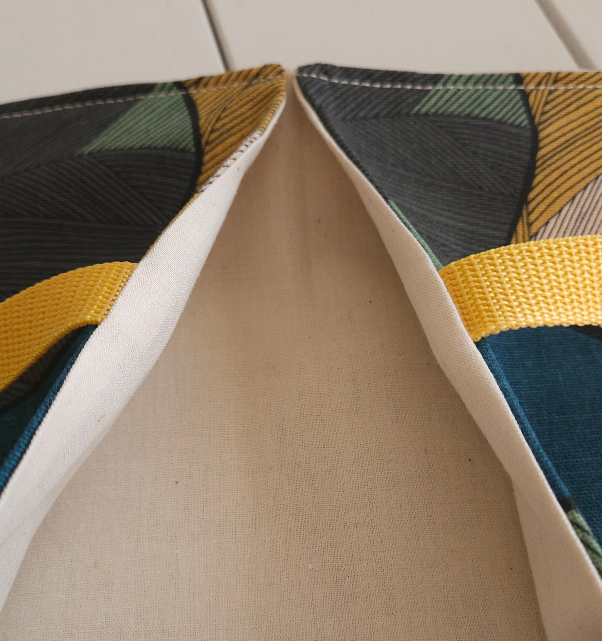 sac à tarte en textile recyclé haute qualité - modèle floral - bleu pétrole, jaune, gris